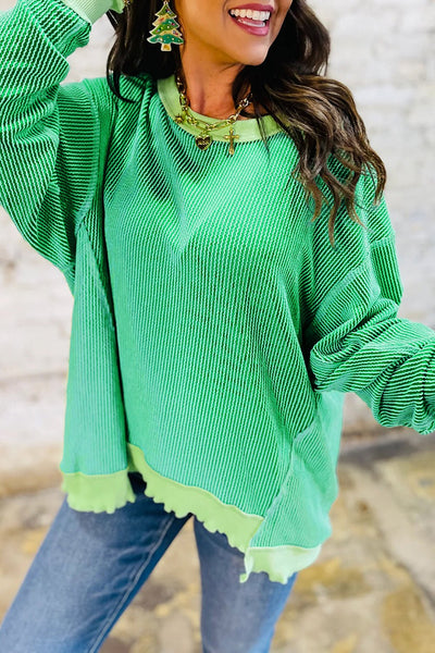 Women's Kelly Green Twisted Rib Knit Top with Asymmetrical Hem