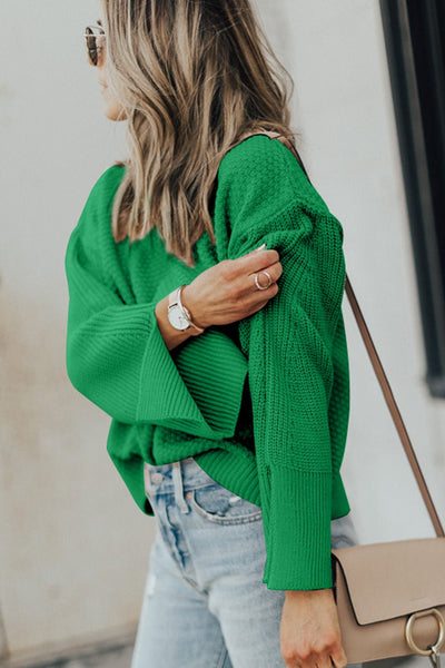 Women's Kelly Green Waffle Knit Split Cuff Sweater