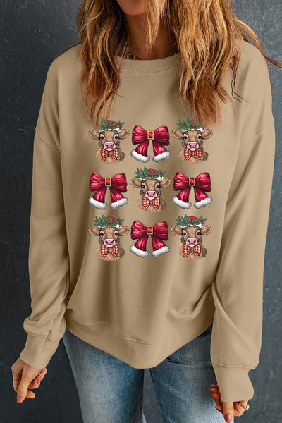 Women's Khaki Highland Cow Holiday Graphic Sweatshirt