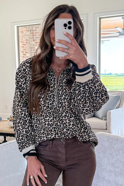 Women's Khaki Leopard Print Half-Zip Blouse with Ribbed Cuffs