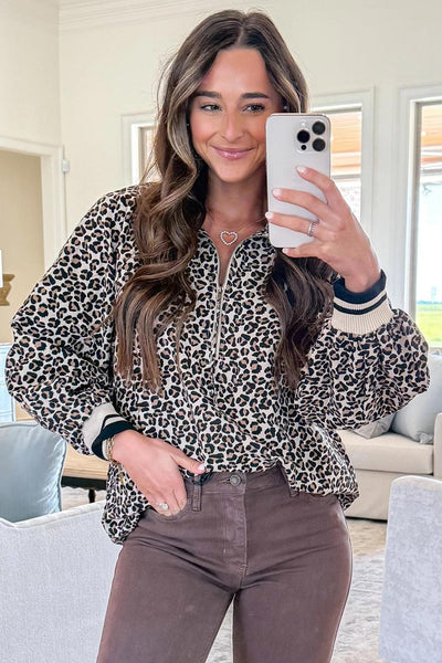 Women's Khaki Leopard Print Half-Zip Blouse with Ribbed Cuffs