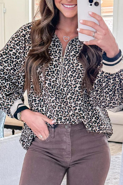 Women's Khaki Leopard Print Half-Zip Blouse with Ribbed Cuffs