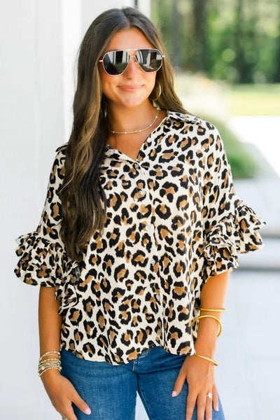 Women's Khaki Leopard Print Ruffle Sleeve Blouse in Lightweight Chiffon