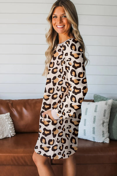 Women's Khaki Leopard Print Shift Dress with Side Pockets