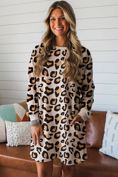 Women's Khaki Leopard Print Shift Dress with Side Pockets