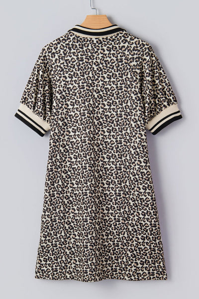 Women's Khaki Leopard Print Zip-Neck Shift Dress with Striped Trim