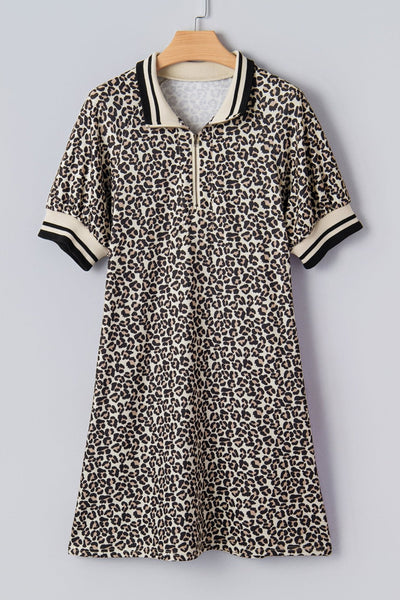 Women's Khaki Leopard Print Zip-Neck Shift Dress with Striped Trim