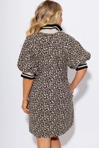 Women's Khaki Leopard Print Zip-Neck Shift Dress with Striped Trim