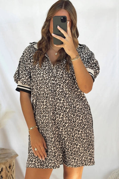 Women's Khaki Leopard Print Zip-Neck Shift Dress with Striped Trim