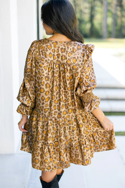 Women's Khaki Leopard Tiered Mini Dress with Ruffled Bracelet Sleeves