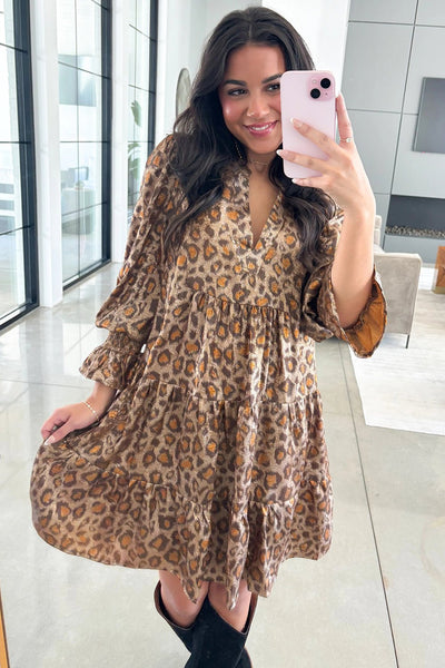 Women's Khaki Leopard Tiered Mini Dress with Ruffled Bracelet Sleeves