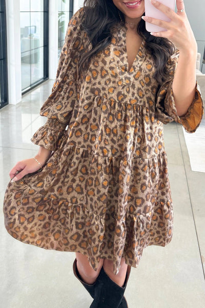 Women's Khaki Leopard Tiered Mini Dress with Ruffled Bracelet Sleeves