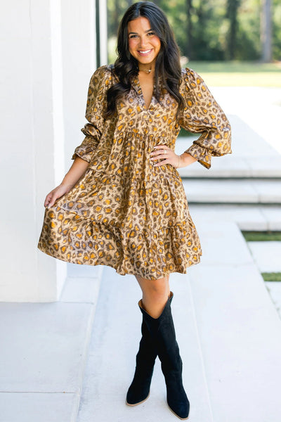 Women's Khaki Leopard Tiered Mini Dress with Ruffled Bracelet Sleeves