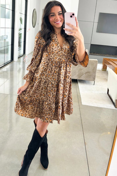 Women's Khaki Leopard Tiered Mini Dress with Ruffled Bracelet Sleeves