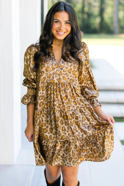 Women's Khaki Leopard Tiered Mini Dress with Ruffled Bracelet Sleeves