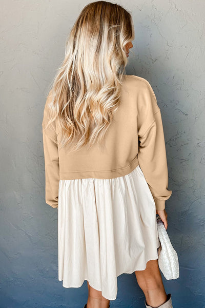 Women's Khaki Mixed Media Sweatshirt Poplin Mini Dress