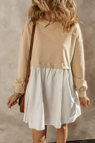 Women's Khaki Mixed Media Sweatshirt Poplin Mini Dress