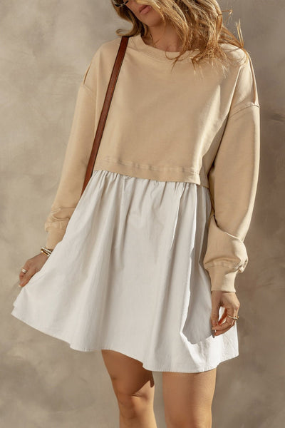 Women's Khaki Mixed Media Sweatshirt Poplin Mini Dress