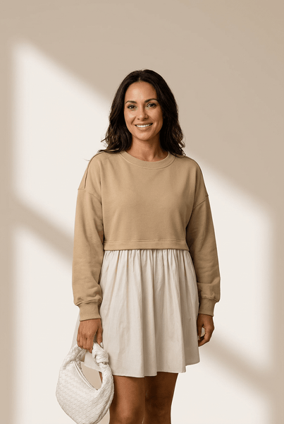Women's Khaki Mixed Media Sweatshirt Poplin Mini Dress