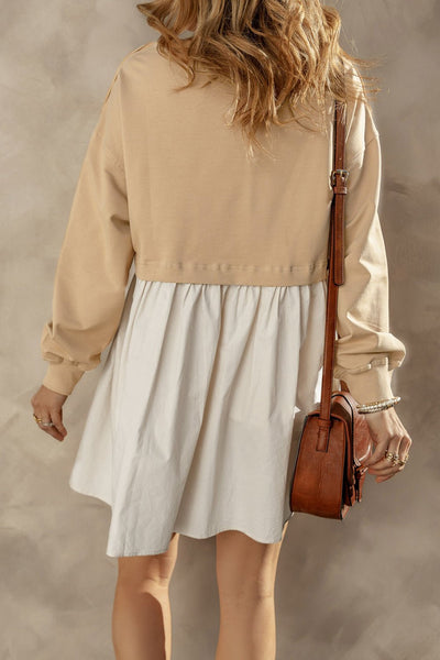 Women's Khaki Mixed Media Sweatshirt Poplin Mini Dress
