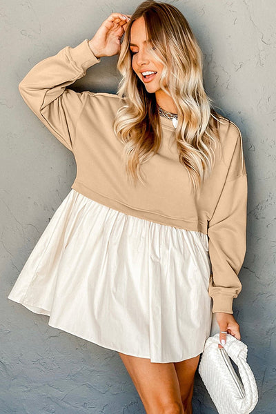 Women's Khaki Mixed Media Sweatshirt Poplin Mini Dress