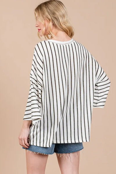 Women's Khaki Stripe Colorblock 3/4 Sleeve Loose-Fit Tee
