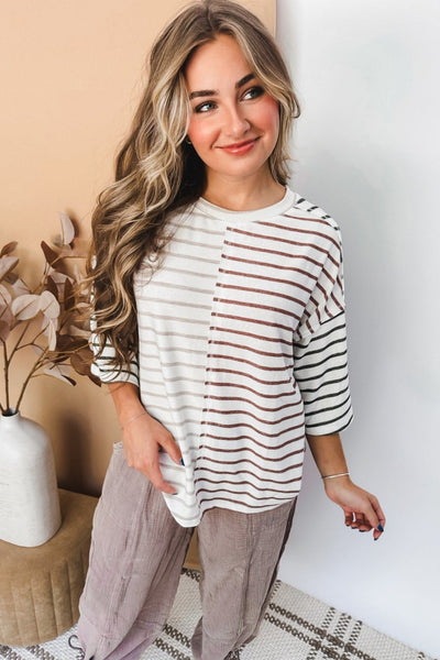 Women's Khaki Stripe Colorblock 3/4 Sleeve Loose-Fit Tee