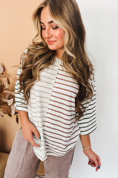 Women's Khaki Stripe Colorblock 3/4 Sleeve Loose-Fit Tee