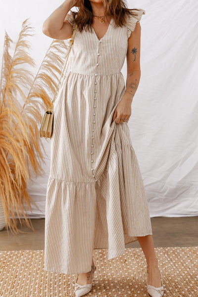 Women's Khaki Striped Flutter Sleeve Maxi Dress with Button Front