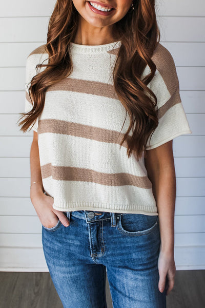 Women's Khaki Striped Knit Top with Dropped Short Sleeves