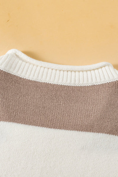 Women's Khaki Striped Knit Top with Dropped Short Sleeves