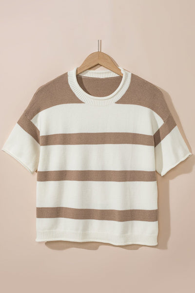 Women's Khaki Striped Knit Top with Dropped Short Sleeves