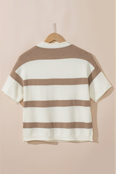 Women's Khaki Striped Knit Top with Dropped Short Sleeves