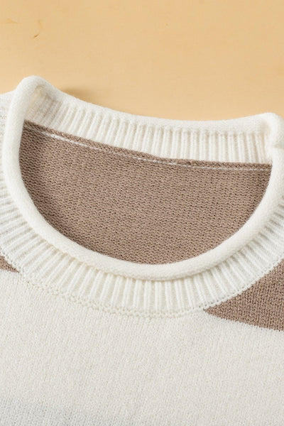 Women's Khaki Striped Knit Top with Dropped Short Sleeves