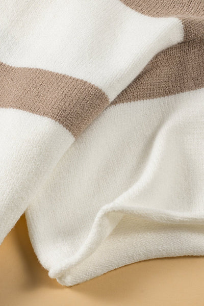 Women's Khaki Striped Knit Top with Dropped Short Sleeves