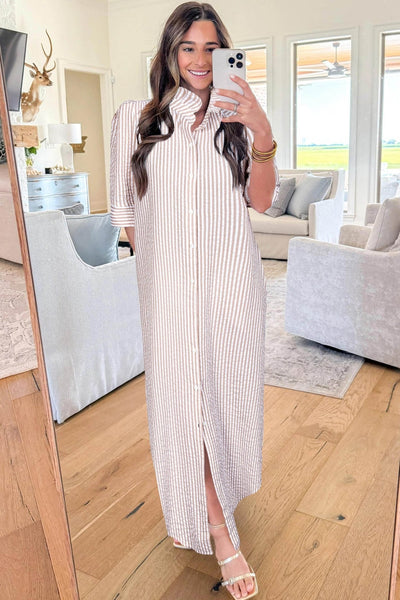 Women's Khaki Striped Ruffle Collar Maxi Dress with Half Sleeves