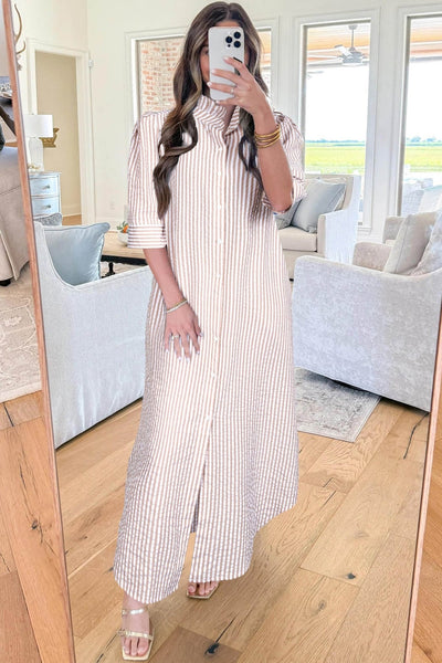 Women's Khaki Striped Ruffle Collar Maxi Dress with Half Sleeves