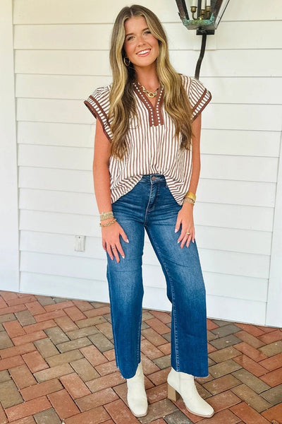 Women's Khaki Striped V-Neck Blouse with Tiered Ruffle Sleeves