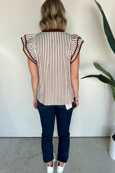 Women's Khaki Striped V-Neck Blouse with Tiered Ruffle Sleeves