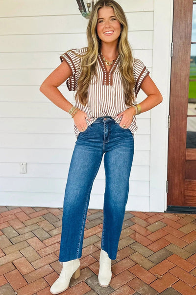 Women's Khaki Striped V-Neck Blouse with Tiered Ruffle Sleeves