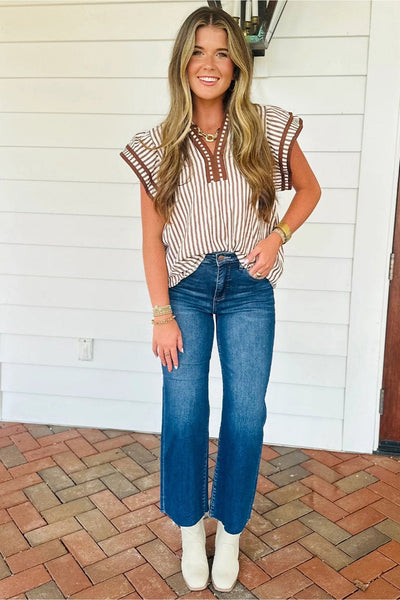 Women's Khaki Striped V-Neck Blouse with Tiered Ruffle Sleeves