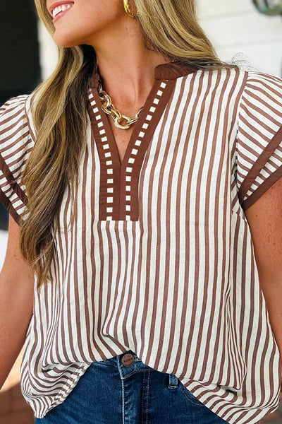 Women's Khaki Striped V-Neck Blouse with Tiered Ruffle Sleeves