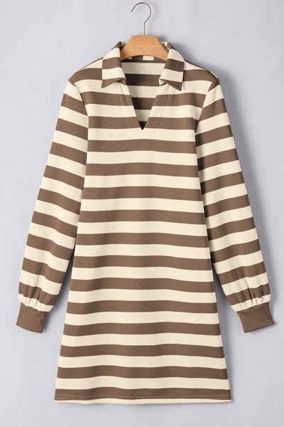 Women's Khaki Striped V-Neck Polo Midi Dress with Pockets