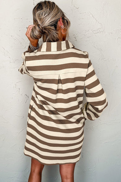 Women's Khaki Striped V-Neck Polo Midi Dress with Pockets