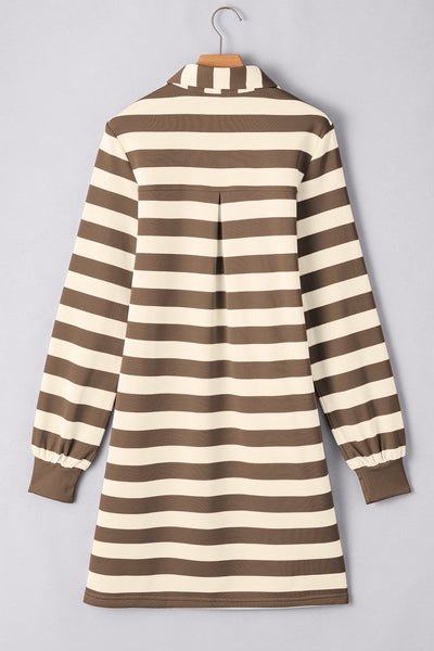 Women's Khaki Striped V-Neck Polo Midi Dress with Pockets