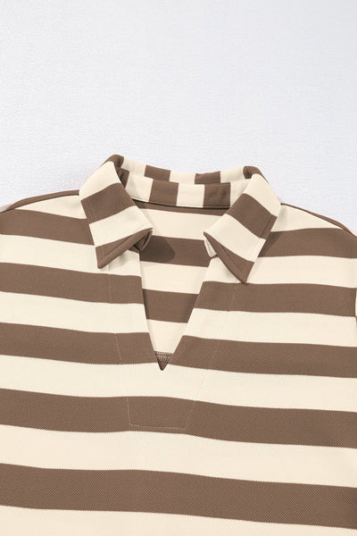Women's Khaki Striped V-Neck Polo Midi Dress with Pockets