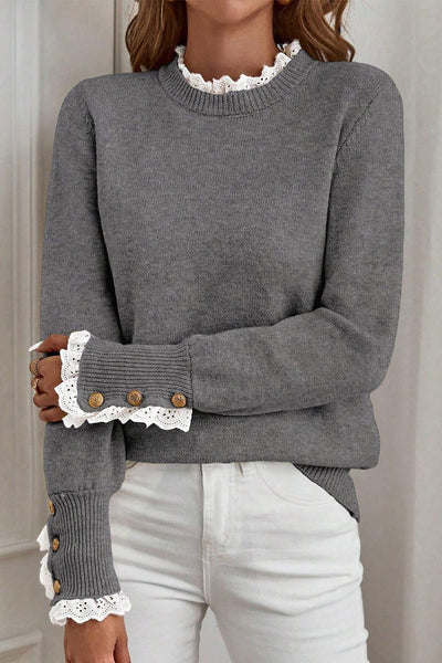 Women's Lace-Trim Knit Sweater with Buttoned Cuffs in Sleet Gray