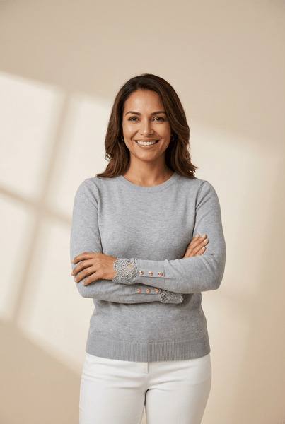 Women's Lace-Trim Knit Sweater with Buttoned Cuffs in Sleet Gray