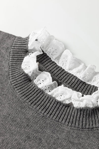 Women's Lace-Trim Knit Sweater with Buttoned Cuffs in Sleet Gray