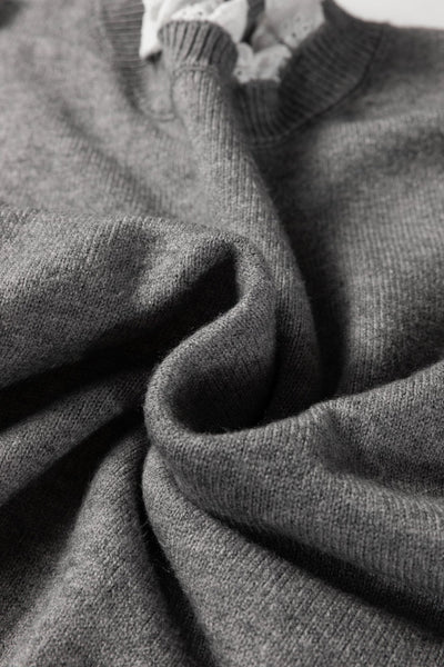 Women's Lace-Trim Knit Sweater with Buttoned Cuffs in Sleet Gray